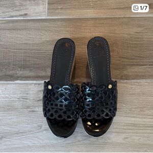 Tory Burch 8 Dunn patent cut out lattice slide wedge sandals